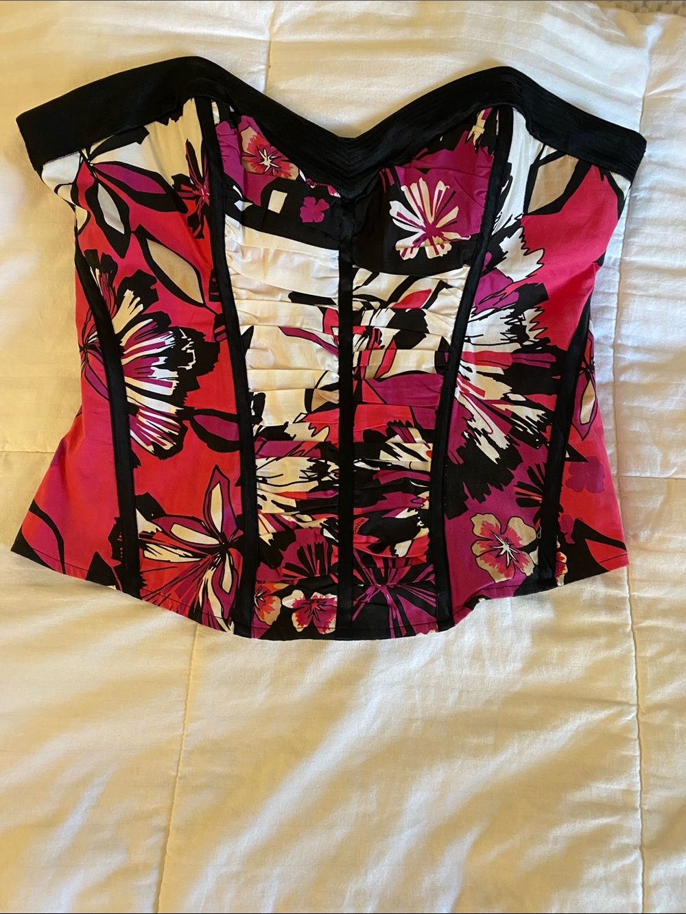 bebe Pink and Black Floral Strapless Bustier Top